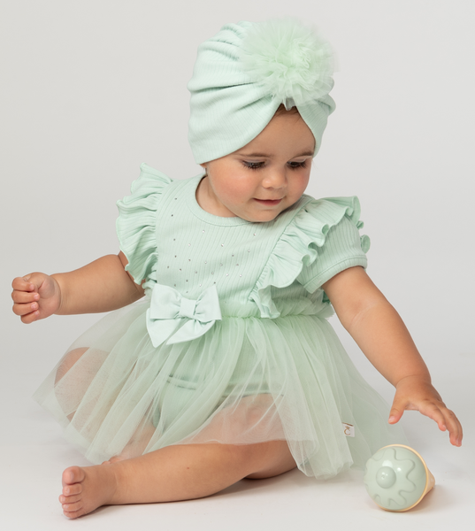 Caramelo Baby Girls Ribbed Tulle Baby Dress with Turban - 031283- 008